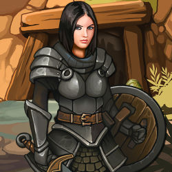 Rule 34 | armor, black hair, long hair, shield, sword, weapon