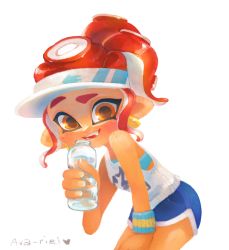 Rule 34 | 1girl, ava-riel, bent over, bottle, earrings, eyebrows, highres, inkling player character, jewelry, looking at viewer, nintendo, octoling, octoling girl, octoling player character, open mouth, orange eyes, pointy ears, ponytail, red hair, shorts, simple background, splatoon (series), splatoon 2, tank top, visor, water bottle, white background, wristband