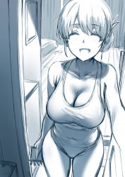 Rule 34 | 1girl, bare shoulders, bocchi the rock!, breasts, closed eyes, collarbone, commentary, cowboy shot, curtains, doorway, english commentary, gotoh michiyo, greyscale, hair between eyes, hews, highres, holding, large breasts, mature female, monochrome, navel, neckerchief, open door, open mouth, outstretched arm, panties, pov doorway, sketch, smile, solo, sports bra, standing, thighs, underwear, underwear only