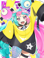 Rule 34 | 1girl, :d, arm up, blush, character hair ornament, cocoloco, commentary request, creatures (company), game freak, green hair, grey shirt, hair ornament, iono (pokemon), jacket, leg up, long hair, nintendo, open mouth, pink hair, pokemon, pokemon sv, red eyes, sharp teeth, shirt, single leg pantyhose, sleeveless, sleeveless shirt, sleeves past fingers, sleeves past wrists, smile, solo, star (symbol), star in eye, symbol in eye, teeth, thigh strap, tongue, upper teeth only, yellow jacket