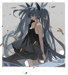 Rule 34 | 1girl, absurdres, animal, bad id, bad pixiv id, bare arms, bare shoulders, black dress, black ribbon, blue eyes, closed mouth, commentary request, dress, eyebrows hidden by hair, fish, grey background, grey hair, hair between eyes, hair ribbon, hatsune miku, highres, long hair, pleated dress, ribbon, romaji commentary, shinkai shoujo (vocaloid), sleeveless, sleeveless dress, solo, standing, twintails, two-tone background, very long hair, vocaloid, white background, zhibuji loom