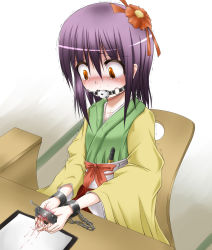 Rule 34 | 1girl, ball gag, blood, brown eyes, crushing, crying, crying with eyes open, cuffs, drooling, female focus, flower, gag, gagged, guro, hair flower, hair ornament, handcuffs, hieda no akyuu, highres, indoors, japanese clothes, kimono, obi, pain, purple hair, saliva, sash, shimo (depthbomb), solo, tears, thumbscrews, torture, touhou, trembling