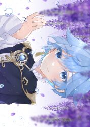Rule 34 | 1boy, blue eyes, blue hair, chinese clothes, chongyun (genshin impact), closed mouth, cosplay, earrings, exif rotation, flower, genshin impact, hair between eyes, highres, jewelry, lavender (flower), long sleeves, looking at viewer, male focus, miuna gnip, short hair, single earring, smile, solo, tassel, tassel earrings, xingqiu (genshin impact), xingqiu (genshin impact) (cosplay), yellow eyes