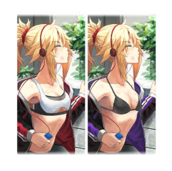 Rule 34 | 1girl, black bra, black jacket, blonde hair, blue jacket, bra, braid, bruise, closed eyes, collarbone, digital media player, fate/grand order, fate (series), hair ornament, hair scrunchie, headphones, highres, holding, imminent kiss, injury, jacket, long sleeves, mordred (fate), open clothes, open jacket, outdoors, paid reward available, plant, ponytail, profile, red jacket, red scrunchie, scrunchie, tonee, two-sided fabric, two-sided jacket, underwear, upper body
