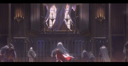 Rule 34 | candle, cape, chandelier, chinese commentary, commentary request, edelgard von hresvelg, fence, fire emblem, fire emblem: three houses, framed, from behind, garreg mach monastery uniform, hair ornament, hair ribbon, highres, hood, hood down, hooded cape, indoors, letterboxed, light, long hair, long sleeves, mo (ine mao), multiple boys, multiple girls, nintendo, out of frame, praying, purple ribbon, red cape, ribbon, standing, upper body, white cape, white hair, wide shot, window