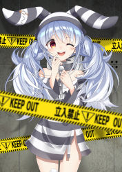 Rule 34 | 1girl, ;d, against wall, animal ears, blue hair, blurry, braid, caution tape, chain, collar, commentary request, cowboy shot, depth of field, english text, hair between eyes, hands up, highres, hololive, keep out, kuuma25 kuma, light blush, long hair, long sleeves, looking at viewer, metal collar, off-shoulder shirt, off shoulder, one eye closed, open mouth, orange eyes, prison clothes, rabbit ears, shadow, shirt, smile, solo, standing, striped clothes, striped headwear, striped shirt, teeth, thick eyebrows, twin braids, twintails, upper teeth only, usada pekora, usada pekora (prisoner), very long hair, virtual youtuber