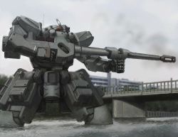 Rule 34 | bridge, building, cloud, gun, itou (onsoku tassha), mecha, railing, rails, robot, scenery, sky, water, weapon