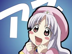 Rule 34 | 1girl, :d, azmaria hendric, beret, blush stickers, chibi, chibi only, chrno crusade, clenched hands, close-up, cross, happy, hat, highres, open mouth, parted bangs, pink eyes, silver hair, smile, solo, thick outline, vector trace, wallpaper