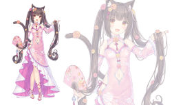 Rule 34 | 1girl, :d, animal ear fluff, animal ears, bare hips, bare shoulders, bell, black hair, blunt bangs, blush, breasts, brown eyes, cat ears, cat girl, cat tail, chocola (nekopara), cleavage, cleavage cutout, clothing cutout, commentary request, crossed legs, detached sleeves, dress, flower, folding fan, frilled dress, frilled sleeves, frills, full moon, hair flower, hair ornament, hand fan, holding, holding fan, holding own hair, jingle bell, long hair, long sleeves, looking at viewer, moon, navel, navel cutout, nekopara, official art, open mouth, orange flower, orange rose, panties, pink dress, pink footwear, pink ribbon, red flower, red ribbon, red rose, ribbon, rose, sayori (neko works), side-tie panties, simple background, slit pupils, small breasts, smile, solo, standing, tail, tail flower, tail ornament, tassel, toeless footwear, twintails, underwear, very long hair, watson cross, white background, yellow flower, yellow rose, zoom layer