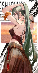 Rule 34 | 1girl, absurdres, arknights, back, bare arms, bare shoulders, breasts, clouble, cover, cover page, dress, eyebrows hidden by hair, food, green hair, hair tie, highres, horns, hoshiguma (arknights), jewelry, large breasts, long hair, looking at viewer, looking back, lorem ipsum, magazine cover, necklace, onigiri, orange eyes, ponytail, single horn, skin-covered horns, sleeveless, solo, swimsuit