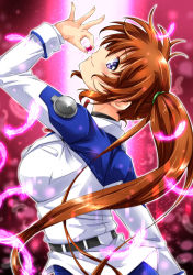 Rule 34 | 1girl, artist name, blue eyes, blush, breasts, brown hair, closed mouth, dated, from side, highres, large breasts, long hair, looking at viewer, lyrical nanoha, mahou shoujo lyrical nanoha strikers, military, military uniform, ponytail, raising heart, raising heart (standby mode), san-pon, simple background, smile, solo, sparkle background, takamachi nanoha, uniform