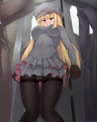 Rule 34 | 1girl, black gloves, black pantyhose, blonde hair, blunt bangs, blush, breasts, cabbie hat, cameltoe, clenched teeth, covered navel, dress, embarrassed, frilled dress, frills, from below, gloves, gluteal fold, grey dress, grey headwear, hat, have to pee, highres, indoors, jpeg artifacts, knees together feet apart, large breasts, long hair, long sleeves, looking up, nose blush, original, panties, panties under pantyhose, pantyhose, parted lips, red eyes, rolling eyes, short dress, solo focus, stained panties, standing, sweat, teeth, thigh gap, thighband pantyhose, train interior, trembling, umagoya mochi, underwear, upskirt