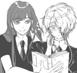 Rule 34 | 2others, androgynous, black shirt, blunt bangs, blush, book, closed mouth, collared shirt, colored skin, eyelashes, gamsseu2, gem uniform (houseki no kuni), ghost quartz (houseki no kuni), hair over one eye, hand in own hair, hand on own neck, high collar, highres, holding, holding book, houseki no kuni, lapis lazuli (houseki no kuni), long hair, multiple others, necktie, other focus, phosphophyllite, playing with own hair, puffy short sleeves, puffy sleeves, reading, shirt, short hair, short hair with long locks, short sleeves, sidelocks, simple background, smile, straight hair, upper body, wavy hair, white background, white shirt, white skin, wing collar