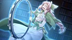 Rule 34 | 1girl, atelier-moo, braid, breasts, cleavage, closed eyes, full body, hair between eyes, hair ribbon, highres, holding, holding instrument, instrument, large breasts, long hair, narrow waist, nina lazydaisy, open mouth, pink hair, ribbon, sitting, solo, tambourine, tearing up, twin braids, very long hair, wavy mouth, wizards symphony