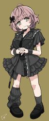 Rule 34 | 1girl, asymmetrical legwear, black dress, black footwear, black jacket, black nails, black necktie, black ribbon, black socks, blush, bow, breasts, brown hair, closed mouth, collarbone, dot nose, dress, full body, green background, hair bow, hair ribbon, hands up, idolmaster, idolmaster shiny colors, idolmaster shiny colors song for prism, ikuta haruki, jacket, loafers, looking at viewer, loose socks, medium breasts, nail polish, necktie, open clothes, open jacket, own hands together, ribbon, shoes, short hair, short sleeves, signature, simple background, smile, socks, solo, standing, t3 (t3only), uneven legwear, yellow eyes, zipper