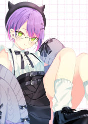 Rule 34 | 00saeki, 1girl, alternate hair length, alternate hairstyle, bad id, bad pixiv id, belt, beret, bespectacled, black belt, black footwear, black hat, black ribbon, black skirt, blush, breasts, cardigan, closed mouth, commentary, ear piercing, earrings, fake horns, foot out of frame, frilled shirt, frills, glasses, green eyes, grey cardigan, grid background, hair ornament, hairclip, hat, high-waist skirt, highres, hololive, horned headwear, horns, jewelry, licking lips, looking at viewer, miniskirt, multicolored hair, neck ribbon, off shoulder, official alternate costume, open cardigan, open clothes, patterned background, piercing, pink hair, pleated skirt, pom pom (clothes), purple hair, ribbon, shirt, shirt tucked in, shoes, short hair, simple background, sitting, skirt, sleeveless, sleeveless shirt, sleeves past fingers, sleeves past wrists, small breasts, smile, socks, solo, streaked hair, tokoyami towa, tokoyami towa (jirai kei), tongue, tongue out, two-tone hair, virtual youtuber, white background, white shirt, white socks, x hair ornament