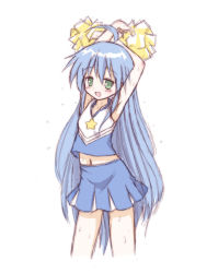 Rule 34 | 00s, 1girl, ahoge, armpits, arms up, blue eyes, blue hair, blush, cheerleader, crop top, crop top overhang, cropped legs, female focus, flat chest, green eyes, izumi konata, kyoto animation, long hair, lucky star, matching hair/eyes, mel (artist), mel (melty pot), midriff, mole, mole under eye, navel, open mouth, pom pom (cheerleading), simple background, skirt, sleeveless, smile, solo, star (symbol), very long hair, white background