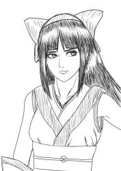Rule 34 | 1girl, ainu clothes, black hair, breasts, expressionless, hair ribbon, highres, long hair, looking at viewer, monchrome, nakoruru, ribbon, samurai spirits, sketch, small breasts, snk, solo, the king of fighters, traditional media
