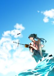 Rule 34 | 10s, 1girl, aircraft, airplane, arrow (projectile), black hair, blue eyes, blue sky, cloud, commentary request, crying, crying with eyes open, day, flight deck, floral print, gloves, hair ribbon, hakama, hakama skirt, houshou (kancolle), japanese clothes, kantai collection, kousetsu (nonosuke), long hair, ocean, open mouth, own hands together, partially fingerless gloves, partly fingerless gloves, ponytail, quiver, ribbon, rigging, single glove, sketch, skirt, sky, solo, tasuki, tears, thighhighs, wide sleeves, yugake