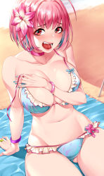 Rule 34 | absurdres, akchu, bikini, breasts, choker, cleavage, collarbone, commentary request, day, fang, flower, frilled bikini, frills, hair flower, hair ornament, hand on breast, highres, idolmaster, idolmaster cinderella girls, jewelry, large breasts, lipgloss, lips, looking at viewer, multicolored hair, nail polish, navel, open mouth, outdoors, pink choker, pink eyes, pink flower, pink hair, purple wristband, revision, ring, sand, shiny skin, short hair, sitting, skindentation, solo, swimsuit, thighs, tongue, two-tone hair, umbrella, untied bikini, water, yumemi riamu