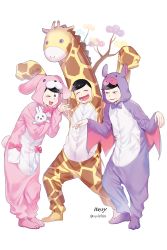 Rule 34 | 10s, 3boys, ;3, ;d, ^ ^, animal costume, animal ears, arms up, artist name, bad id, bad pixiv id, bat costume, bat wings, black eyes, black hair, bow, branch, brothers, carrying, closed eyes, cosplay, eyebrows, fake animal ears, fang, full body, giraffe costume, hands in opposite sleeves, happy, highres, kigurumi, legs apart, legs together, looking at viewer, male focus, matsuno ichimatsu, matsuno jyushimatsu, matsuno todomatsu, mery (yangmalgage), multiple boys, no shoes, one eye closed, open \m/, open mouth, osomatsu-kun, osomatsu-san, outstretched hand, palms, pink bow, pocket, purple bow, rabbit costume, rabbit ears, rabbit tail, siblings, simple background, sleeves past wrists, smile, smirk, standing, stuffed animal, stuffed rabbit, stuffed toy, tail, teeth, twitter username, white background, wings