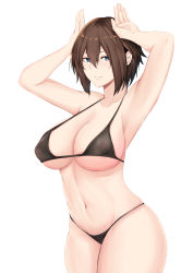 Rule 34 | 1girl, absurdres, armpits, arms up, bikini, black bikini, blue eyes, breasts, brown hair, collarbone, covered erect nipples, cowboy shot, deroo, hair between eyes, highres, large breasts, light smile, micro bikini, navel, original, parted lips, rabbit pose, short hair, simple background, skindentation, solo, swimsuit, thighs, white background