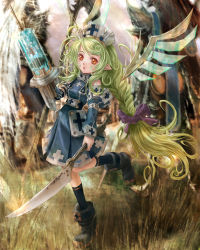 Rule 34 | bad id, bad pixiv id, braid, green hair, highres, original, phase, pointy ears, solo, sword, syringe, weapon, wings