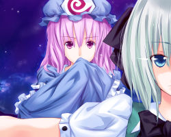 Rule 34 | 2girls, blue eyes, covering own mouth, female focus, hand over own mouth, hat, japanese clothes, kimono, konpaku youmu, multiple girls, outstretched arms, pink hair, protecting, red eyes, ribbon, saigyouji yuyuko, short hair, silver hair, sleeves past wrists, soumi shizuru, spread arms, touhou