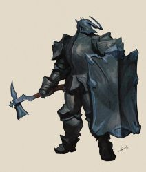 Rule 34 | 1boy, armor, artist name, axe, beige background, fantasy, highres, holding, holding axe, holding shield, huge filesize, knight, looking to the side, male focus, original, shield, solo, sonech