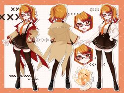 Rule 34 | 1girl, absurdres, ahoge, black-framed eyewear, black footwear, black skirt, black thighhighs, breasts, brown coat, character sheet, closed mouth, coat, collar, collared shirt, commission, dazo vrc, full body, glasses, hair ornament, hand on own hip, highres, indie virtual youtuber, mako fukasame, mascot, medium breasts, necktie, off shoulder, open mouth, orange collar, orange hair, orange necktie, partially unzipped, rectangular eyewear, red eyes, red hair, semi-rimless eyewear, shark, shark hair ornament, shirt, side ponytail, skeb commission, skirt, solo, suspender skirt, suspenders, teeth, thighhighs, under-rim eyewear, upper teeth only, white shirt, zettai ryouiki