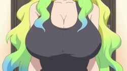 animated animated_gif anime_screenshot big_breasts black_shirt blonde_hair breast_focus breast_smother breasts cleavage dragon_girl face_to_breasts kobayashi-san_chi_no_maidragon long_hair lucoa_(maidragon) pov shirt sleeveless sleeveless_shirt solo