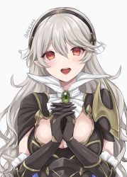 Rule 34 | 1girl, armor, black armor, black hairband, breasts, cleavage, corrin (female) (fire emblem), corrin (female) (nohr noble) (fire emblem), corrin (fire emblem), fire emblem, fire emblem fates, hairband, highres, large breasts, long hair, medium breasts, nintendo, official alternate costume, open mouth, own hands clasped, own hands together, pointy ears, red eyes, shimizu akina, silver hair, simple background, solo, twitter username, upper body, white background