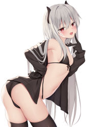 Rule 34 | 1girl, ass, black bra, black gloves, black jacket, black panties, black thighhighs, blush, bra, breasts, commentary request, demon girl, from side, front-tie bra, gloves, hand to own mouth, hand up, highres, horns, jacket, kamu (geeenius), leaning forward, long hair, looking at viewer, looking to the side, navel, off shoulder, open clothes, open jacket, open mouth, original, panties, red eyes, silver hair, simple background, skindentation, small breasts, solo, standing, stomach, thighhighs, underwear, very long hair, white background
