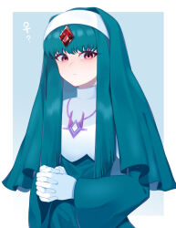 Rule 34 | 1other, ?, alternate costume, commentary request, eyelashes, gem, green hair, hitotose9, jewelry, long hair, long sleeves, looking at viewer, mega man (series), mega man battle network, mega man battle network (series), necklace, nun, own hands together, red eyes, sidelocks, simple background, slur.exe (mega man), solo, traditional nun, venus symbol