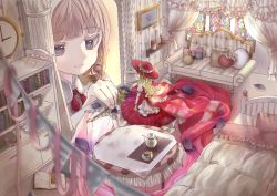 Rule 34 | 1girl, bad id, bad pixiv id, bed, blonde hair, blurry, blurry foreground, book, bookmark, bookshelf, braid, brown hair, candle, couch, curtains, doll, doll house, drawing (object), dress, flower, grey eyes, hat, indoors, kinuko461, nail polish, open book, original, painting (object), petals, pillow, pink nails, red dress, red hat, roomscape, sitting, stained glass, string of flags, table, teapot, white theme