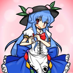 Rule 34 | 1girl, blue hair, blush, bow, eruru (erl), fang, female focus, food, frills, fruit, hat, heart, heart hands, hinanawi tenshi, leaf, long hair, long skirt, looking at viewer, open mouth, peach, red eyes, short sleeves, skirt, solo, touhou, very long hair