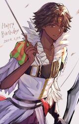 Rule 34 | arrow (projectile), dark-skinned male, dark skin, dated, desupisaro 122, feather collar, feather trim, fire emblem, fire emblem engage, fogado (fire emblem), gold headband, happy birthday, highres, holding, holding arrow, nintendo, prince, star-shaped pupils, star (symbol), symbol-shaped pupils