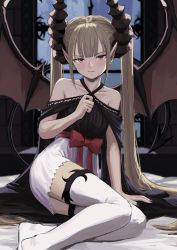 Rule 34 | 1girl, bare shoulders, black nails, blonde hair, blush, bow, closed mouth, collarbone, demon girl, demon horns, demon tail, demon wings, fagi (kakikaki), fingernails, horns, indoors, long hair, looking at viewer, nail polish, original, pointy ears, purple eyes, red bow, sitting, solo, tail, thighhighs, twintails, very long hair, white thighhighs, window, wings