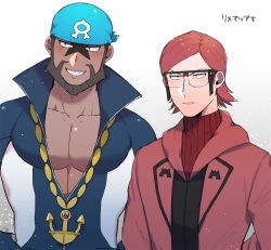 Rule 34 | 2boys, age (moco018), anchor necklace, archie (pokemon), bandana, beard, black-framed eyewear, black eyes, black shirt, blue bandana, blue bodysuit, bodysuit, brown hair, chain, chain necklace, closed mouth, coat, collarbone, commentary request, creatures (company), dark-skinned male, dark skin, diving suit, facial hair, game freak, glasses, grin, highres, jewelry, logo, male focus, maxie (pokemon), multicolored bodysuit, multicolored clothes, multiple boys, necklace, nintendo, open clothes, open coat, pectoral cleavage, pectorals, pokemon, pokemon oras, popped collar, red bodysuit, red coat, red hair, ribbed bodysuit, sharp teeth, shirt, short hair, smile, team aqua, team magma, teeth, upper body, wetsuit, white bodysuit