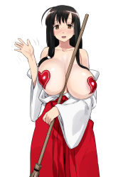 Rule 34 | 1girl, 774 (nanashi), bad id, bad pixiv id, bamboo broom, between breasts, black hair, blush, breasts, broom, brown eyes, collarbone, covered erect nipples, cowboy shot, hair over shoulder, heart, highres, huge breasts, inverted nipples, iwato kasumi, japanese clothes, long hair, long sleeves, looking at viewer, miko, nipples, off shoulder, open mouth, pasties, plump, saki (manga), shiny skin, simple background, smile, solo, standing, very long hair, waving, white background, wide sleeves