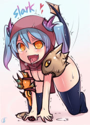 Rule 34 | 1girl, bad id, bad pixiv id, blue hair, dota (series), dota 2, english text, fangs, gender request, genderswap, heart, kneeling, monster girl, personification, rabbitbrush, saliva, slark (dota), solo, sweat, thighhighs, tongue, tongue out, trembling, twintails