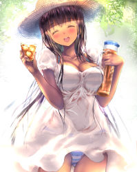 Rule 34 | 1girl, bad id, bad pixiv id, bikini, bikini under clothes, black hair, blush, closed eyes, collarbone, commentary request, cowboy shot, cup, dark-skinned female, dark skin, day, dress, drink, drinking glass, facing viewer, flask, hat, holding, holding cup, holding drinking glass, legs apart, long hair, open mouth, original, outdoors, ponytail korosuke, revision, see-through, smile, solo, standing, straw hat, striped bikini, striped clothes, sundress, swimsuit, swimsuit under clothes, white dress
