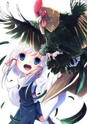 Rule 34 | 1girl, alternate eye color, alternate hair color, bird, blue eyes, chicken, claws, commentary request, feathered wings, feathers, hair ribbon, hat, highres, holding, holding clothes, holding hat, long sleeves, mankun, moriya suwako, open mouth, outstretched arms, red ribbon, ribbon, ribbon-trimmed legwear, ribbon trim, rooster, simple background, solo, thighhighs, touhou, tress ribbon, unworn hat, unworn headwear, white background, white hair, white thighhighs, wide sleeves, wings, zettai ryouiki