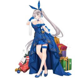 Rule 34 | 1girl, :p, anklet, arm up, bare shoulders, bell, blue bow, blue dress, blue footwear, blue gemstone, blue gloves, blue ribbon, blush, bow, breasts, bridal garter, brown eyes, cleavage, crescent, crescent earrings, dress, earrings, five-seven (blue christmas) (girls&#039; frontline), five-seven (girls&#039; frontline), full body, fur-trimmed gloves, fur scarf, fur trim, gem, gift, girls&#039; frontline, gloves, hair between eyes, hair ornament, hair ribbon, hand up, high heels, jewelry, jingle bell, large breasts, long hair, looking at viewer, necklace, off-shoulder dress, off shoulder, official alternate costume, official art, ponytail, ribbon, scarf, sidelocks, silver hair, solo, suisai (suisao), thighs, tongue, tongue out, transparent background, very long hair, white scarf
