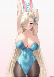Rule 34 | 1girl, animal ears, armpits, arms up, artist name, asuna (blue archive), asuna (bunny) (blue archive), bare arms, bare shoulders, black pantyhose, blonde hair, blue archive, blue eyes, blue leotard, blush, breasts, cleavage, collarbone, commentary request, covered navel, cowboy shot, elsynien, fake animal ears, forehead, gluteal fold, hair over one eye, halo, highleg, highleg leotard, highres, huge breasts, large breasts, leotard, light smile, long hair, looking at viewer, mole, mole under mouth, official alternate costume, pantyhose, playboy bunny, presenting armpit, sagging breasts, simple background, smile, solo, strapless, strapless leotard, stretching, very long hair, white background