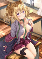 Rule 34 | 1girl, black choker, black jacket, blonde hair, breasts, chloe (princess connect!), choker, classroom, collarbone, commentary request, curtains, garter straps, green necktie, grey shirt, hair between eyes, highres, indoors, jacket, long hair, looking at viewer, medium breasts, mouth hold, necktie, open clothes, open shirt, plaid, plaid skirt, pointy ears, princess connect!, purple eyes, red skirt, rumiko (rmeco), shirt, short hair, sitting, skirt, solo, thighs, twintails, window