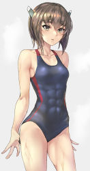 Rule 34 | 1girl, abs, bare arms, bare legs, bare shoulders, black one-piece swimsuit, brown eyes, brown hair, collarbone, cowboy shot, grey background, hair between eyes, headgear, highres, kantai collection, kokuzou, looking at viewer, one-piece swimsuit, short hair, simple background, solo, swimsuit, taihou (kancolle)