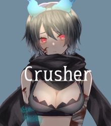 Rule 34 | 1girl, akitama2727, alice (sinoalice), bandages, bare shoulders, blood, blood on face, blood splatter, blue background, blue hair, bow, bra, breasts, cleavage, hair between eyes, hair bow, looking at viewer, red eyes, sad, scarf, short hair, simple background, sinoalice, sleeveless, solo, underwear
