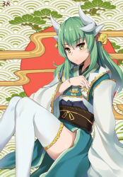 Rule 34 | 1girl, bad id, bad pixiv id, dragon horns, fate/grand order, fate (series), gold trim, green hair, hair ornament, hand on own chest, highres, horns, japanese clothes, kimono, kiyohime (fate), long hair, looking at viewer, obi, ribbon, sash, sitting, solo, thighhighs, three rice, very long hair, white thighhighs, wide sleeves, yellow eyes