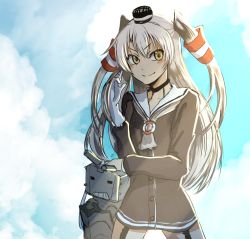 Rule 34 | 10s, 1girl, amatsukaze (kancolle), bad id, bad pixiv id, blue sky, blush, cloud, foro (planet cage), garter straps, gloves, kantai collection, long hair, looking at viewer, personification, rensouhou-chan, rensouhou-kun, school uniform, serafuku, silver hair, single glove, sky, smile, twintails, two side up, yellow eyes
